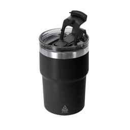 A drink bottle featuring a black insulated cup with a clear lid and a slide opening. It has a stainless steel base and a logo.