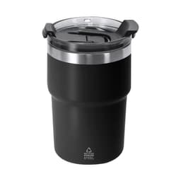 A drink bottle in matte black stainless steel with a clear lid and a logo at the base.