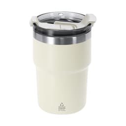 A travel mug in cream colour with a stainless steel rim and a clear lid, featuring a logo on the side.