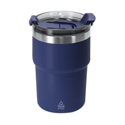 A drink bottle in navy blue with a stainless steel band and a clear lid, featuring a logo on its base.