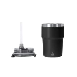A travel mug in matte black with a stainless steel lid and a removable straw attachment. Features a logo.