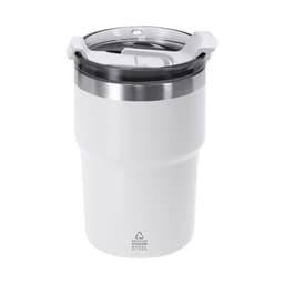 A drink bottle in white stainless steel with a lid, featuring a stylish design and a branding logo.
