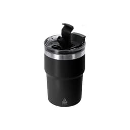 A drink bottle in black stainless steel with a clear lid featuring a straw opening and a branding logo on it.