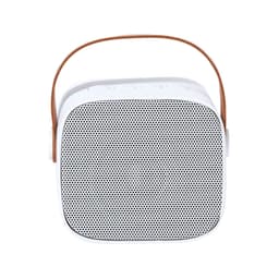 A white Bluetooth speaker with a square shape and a leather carrying strap, featuring a perforated grille.
