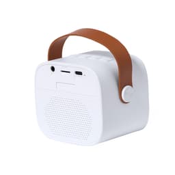 A white Bluetooth speaker with a brown handle, featuring a speaker grille and various input ports on the back.