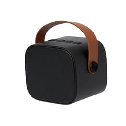A black Bluetooth speaker with a brown leather handle and control buttons on the top.