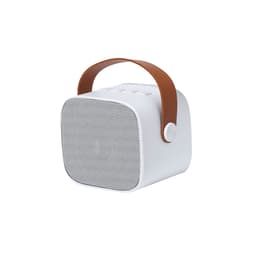 A white Bluetooth speaker featuring a brown leather handle and a perforated front for sound output.