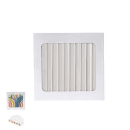 A set of coloured pencils neatly arranged in a white box with a window, featuring various vibrant colours.