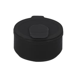 A drink bottle with a black finish and a secure lid is displayed, featuring a branding logo.