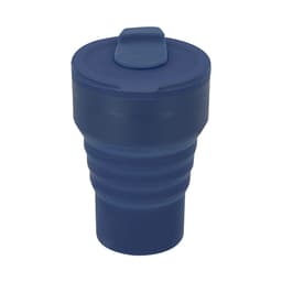 A drink bottle in navy blue, featuring a foldable design and a lid. Includes a logo.