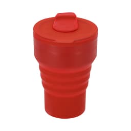 A foldable red drink cup with a lid, featuring a textured design for grip. It has a logo on the side.