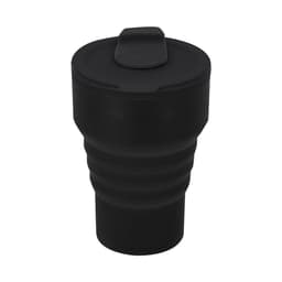 A drink bottle in black, featuring a foldable design and a lid, designed for convenient use.