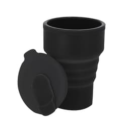 A drink tumbler in black, featuring a foldable design and a lid. It has a simple, modern branding.