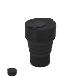 A foldable black drink cup with a lid and a small detachable cap, featuring a simple design and a logo.