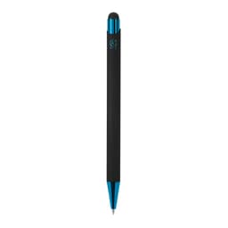 A black ballpoint pen with a blue stylus tip and metallic accents, featuring a logo on the body.