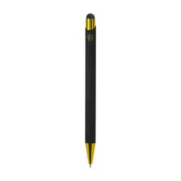 A black ballpoint pen with a gold tip and a logo at the top. It is a stylus pen for writing.