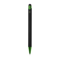 A black ballpoint pen with a green accent and a stylus tip, featuring a logo near the top.