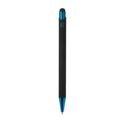 A sleek black ballpoint pen with a blue tip and stylus, featuring a branding logo.