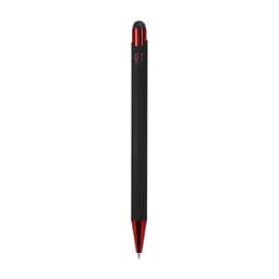 A black ballpoint pen with red accents and a logo at the top, designed for writing and stylus use.