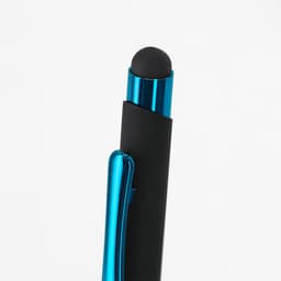 A black and blue ballpoint pen featuring a stylus tip and a shiny clip. The pen has a sleek design.