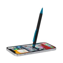 A black ballpoint pen with a teal clip positioned on a smartphone screen, showcasing its stylus tip.