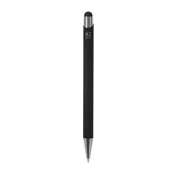 A black ballpoint pen with a stylus tip, featuring a silver clip and a logo on the upper part.