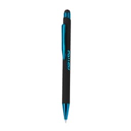 A black ballpoint pen with a blue clip and tip, featuring a stylus and branding on the barrel.