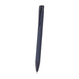 A dark blue pen with a clip, featuring a simple design and a silver tip.