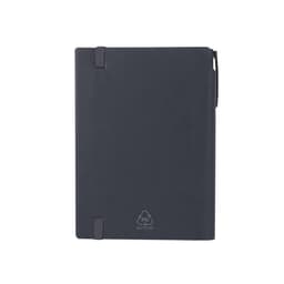 A dark blue notebook with a recycled material logo and elastic closure, featuring a pen holder on the side.