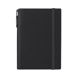 A black notebook with a pen holder and elastic band closure, featuring a logo on the front.