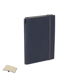 A navy notebook with an elastic band closure and a smaller open notebook beside it. The larger notebook features a logo.