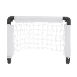 A small black and white sports goal with a net, designed for leisure and outdoor activities.