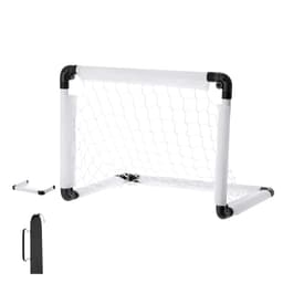 A portable soccer goal with a white net and black joints, alongside a carrying bag for easy transport.