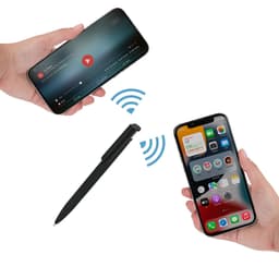 A black NFC pen is held alongside two smartphones displaying wireless connection indicators.