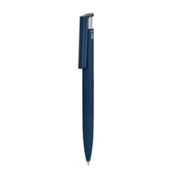 A navy blue plastic pen with a sleek design and a clip. It features a logo on its body.