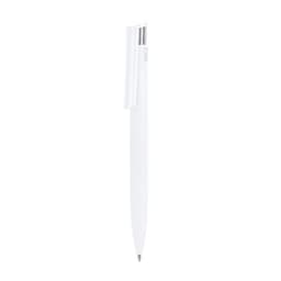 A white plastic pen with a silver clip, featuring a logo on the body.