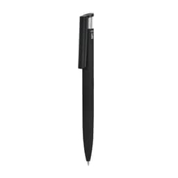A black plastic pen with a sleek design and clip, featuring a logo on the side.