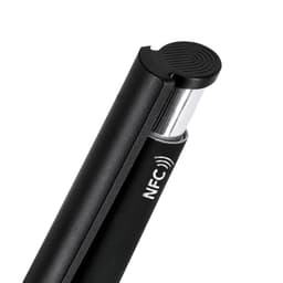 A black plastic pen featuring a metallic tip and an NFC design element. It has a simple, modern aesthetic.