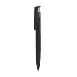 A black plastic pen with a sleek design and a clip, featuring a logo on its body.