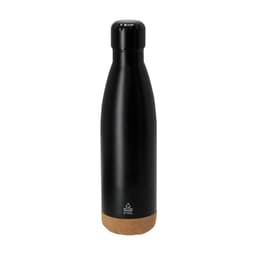 A drink bottle in black stainless steel with a cork base, featuring a sleek design and a logo.