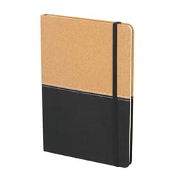 A cork and black notebook with an elastic band closure, featuring a textured finish and contrasting colour design.