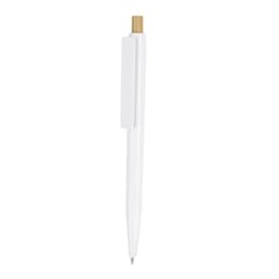 A white wooden pen with a natural wooden top and a clip, featuring a branding logo.
