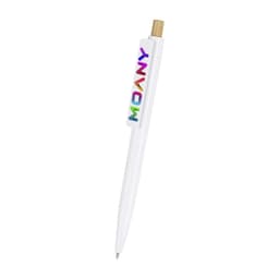 A wooden pen with a colourful logo, featuring a white body and a natural wood accent on the top.