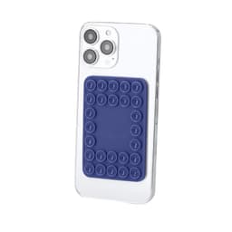 A phone holder in a blue colour, featuring a textured surface, attached to a clear phone case.