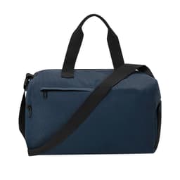 A navy blue duffle bag with black straps and an external zippered pocket, featuring a logo on the side.