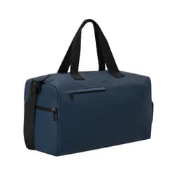 A navy duffle bag with black handles and a removable shoulder strap, featuring a zippered pocket.