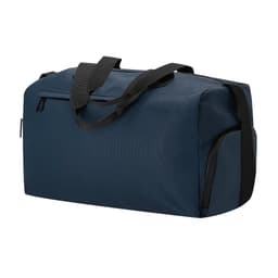 A navy blue duffle bag with black straps and a zip closure, featuring a simple design and a branded logo.