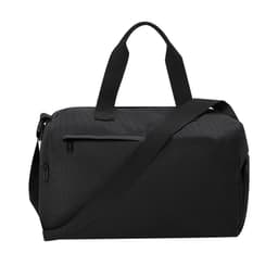 A black duffle bag with a shoulder strap and two handles, featuring a zippered pocket on the side.