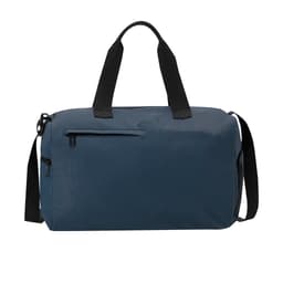 A blue duffle bag with black straps and a side zip pocket, featuring a logo on the front.