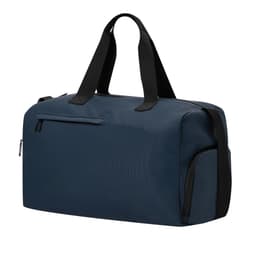 A navy duffle bag with black handles and a zippered pocket, featuring a logo on the side.